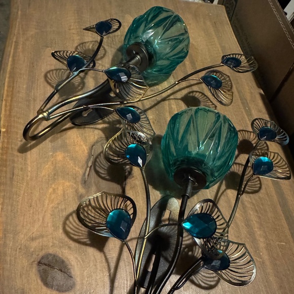 Set of Turquoise Peacock Blossom Sconces - Picture 7 of 7